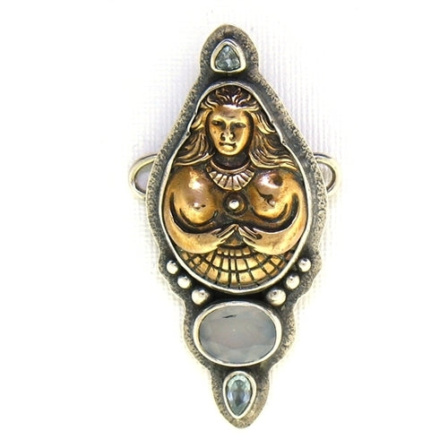 Tabra Bronze Earth Goddess, Chalcedony & Blue Topaz Charm