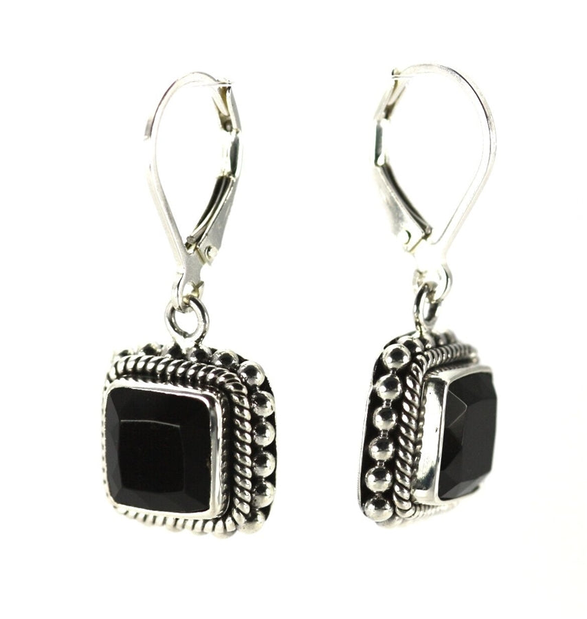 Indiri Black Onyx Square Granulated Silver Earrings