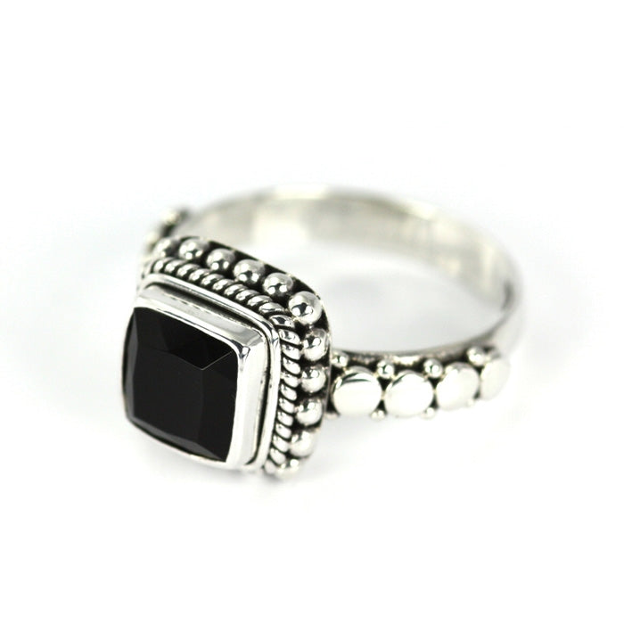 Indiri Black Onyx Granulated Silver Ring - Size 7