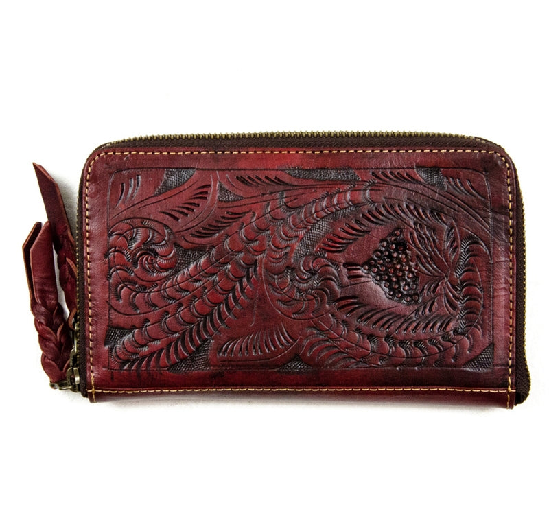 Leaders in Leather Burgundy Red Vaquetta Tooled Zip Wallet
