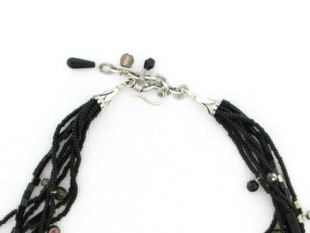 Tabra Bali Beaded Black Onyx, Smokey Topaz, Glass Seed Beads Necklace