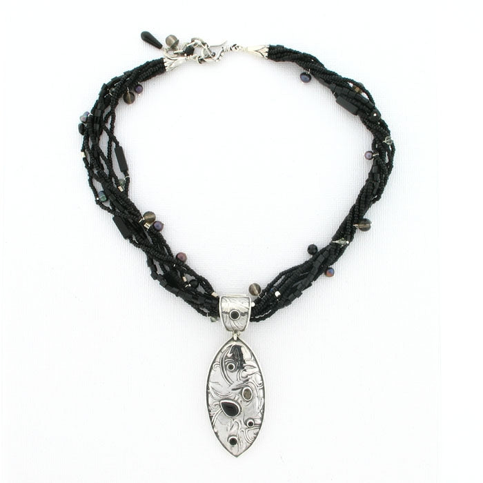 Tabra Bali Beaded Black Onyx, Smokey Topaz, Glass Seed Beads Necklace