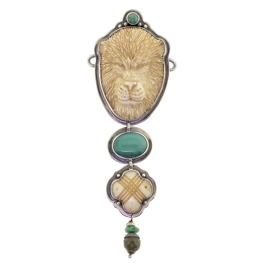Tabra Bone Carved Lion and Turquoise Necklace Charm