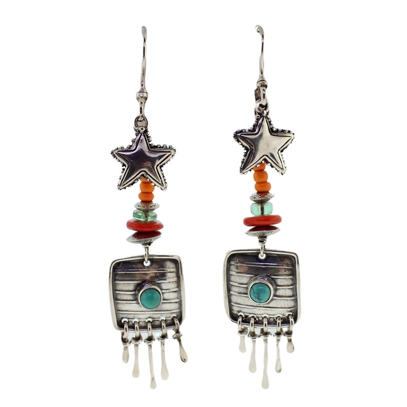 Tabra Silver Star Turquoise & Orange Coral Earrings