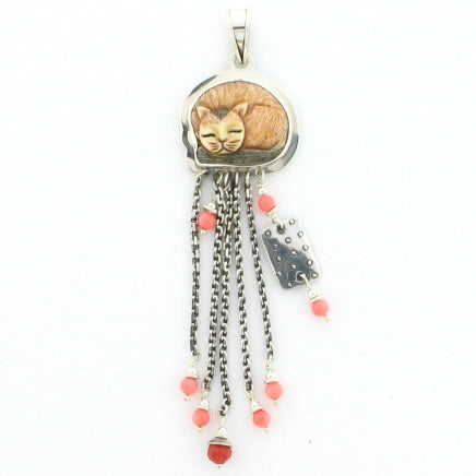 Tabra Pink Coral & Painted Bone Cat Chain Link Pendant