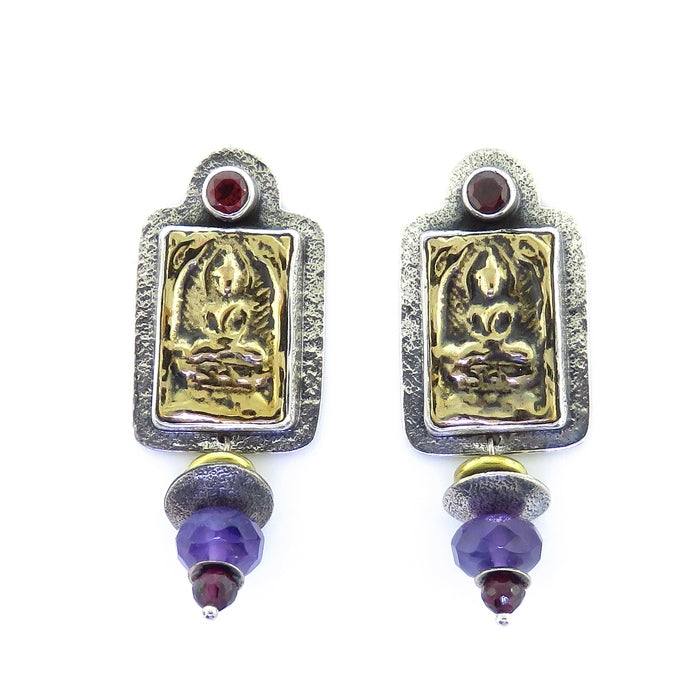 Tabra Bronze Buddha Post Earrings with Amethyst & Garnet