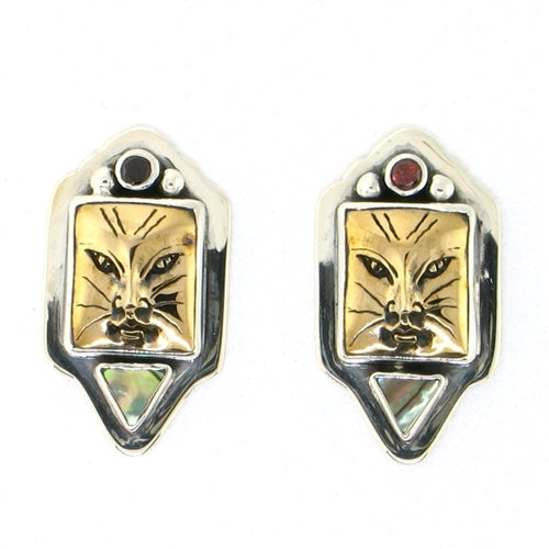 Tabra Bronze Cat, Garnet and Paua Post Earrings