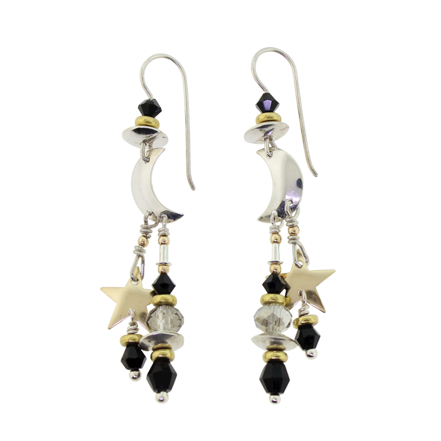 Tabra Star Moon Silver Gold Black Onyx Earrings