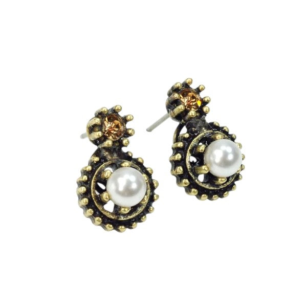 Sweet Romance Double Stone Crystal Stud Earrings Bronze Pearl