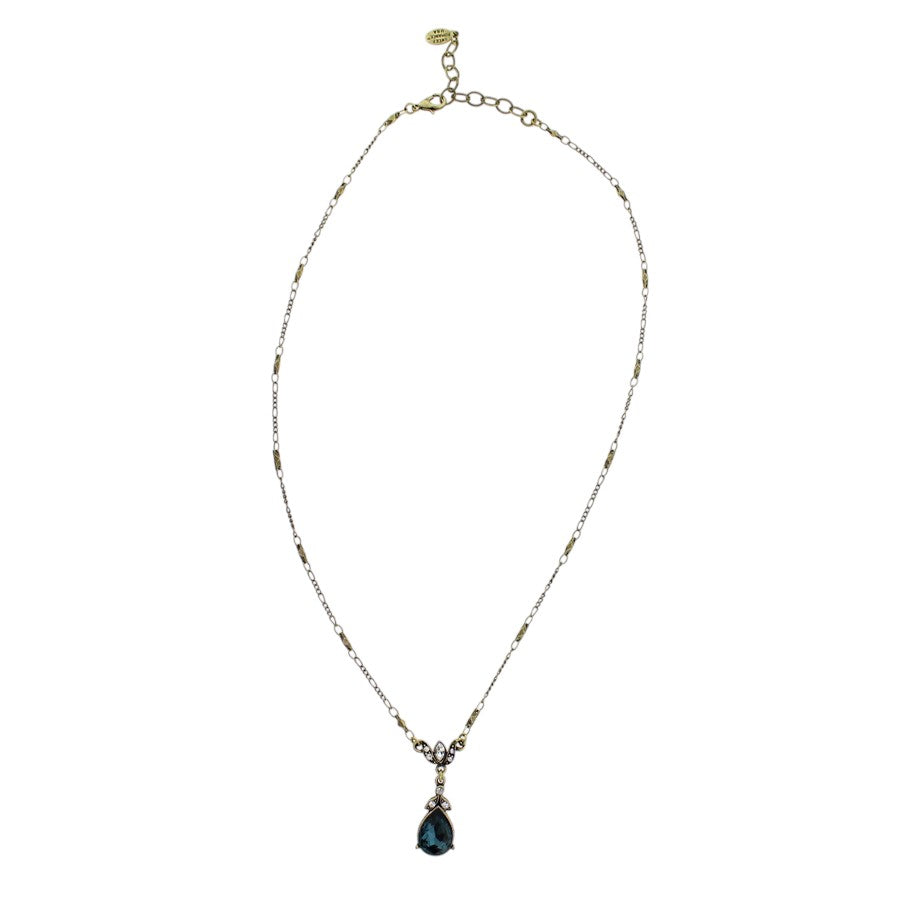 Sweet Romance Crystal Pear Teardrop Necklace Bronze Sapphire Blue