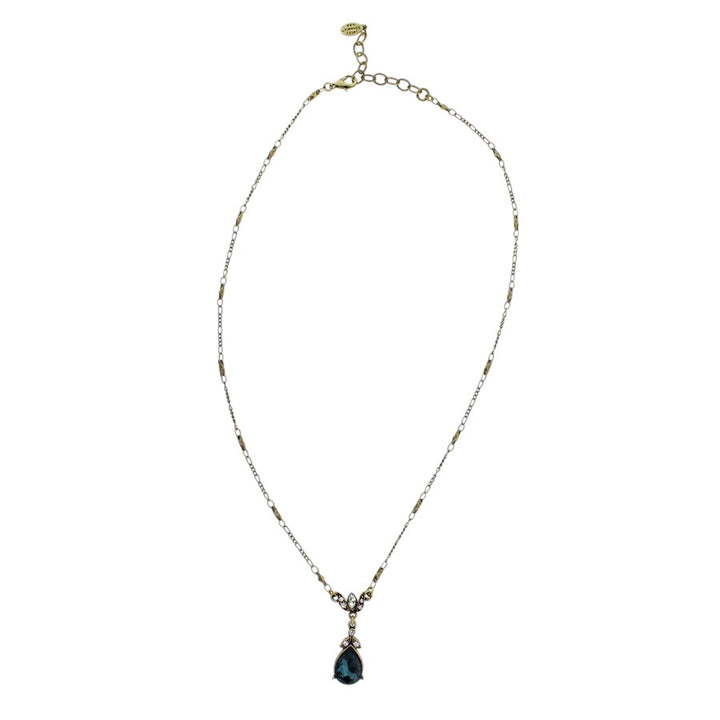 Sweet Romance Crystal Pear Teardrop Necklace Bronze Sapphire Blue