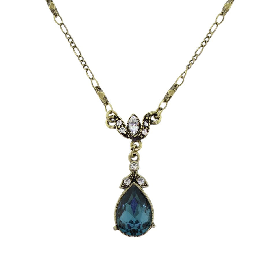 Sweet Romance Crystal Pear Teardrop Necklace Bronze Sapphire Blue