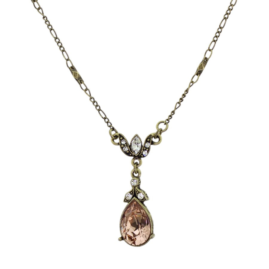 Sweet Romance Crystal Pear Teardrop Necklace Bronze Vintage Rose