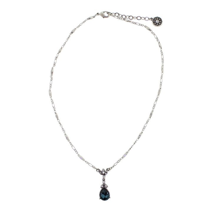 Sweet Romance Crystal Pear Teardrop Necklace Silver Sapphire Blue