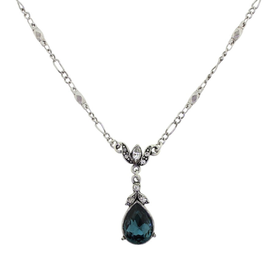 Sweet Romance Crystal Pear Teardrop Necklace Silver Sapphire Blue