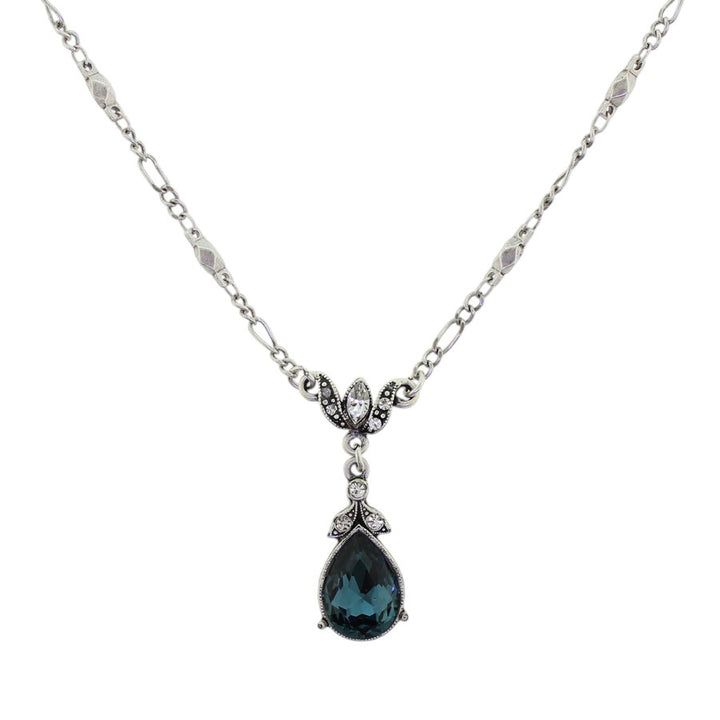 Sweet Romance Crystal Pear Teardrop Necklace Silver Sapphire Blue