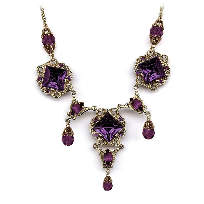 Sweet Romance Art Deco Vintage Glass Squares Necklace Amethyst