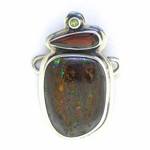 Tabra Boulder Opal Garnet and Peridot Charm