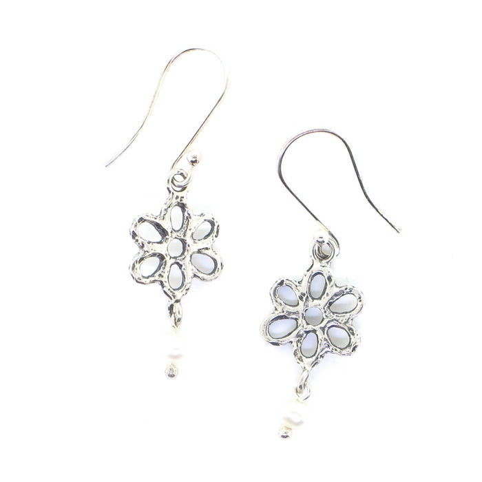 Angie Olami Earrings-Open Sterling Daisy with Pearl Drop