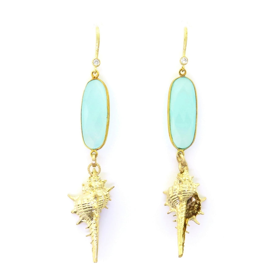 Beautiful Soul Earrings Gold Shell with Aqua Blue Crystal
