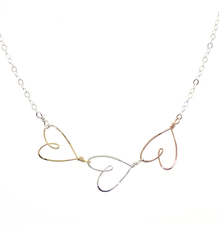 Beth Jewelry 3 Tiny Hearts Necklace Silver, Yellow, Rose Gold