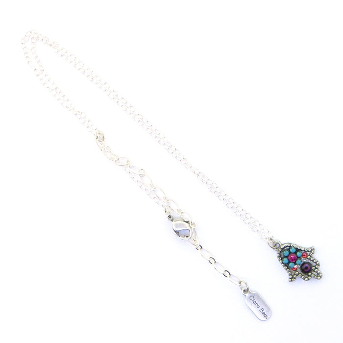 Clara Beau Hamsa Turquoise Swarovski Crystal Necklace -Silver Tone