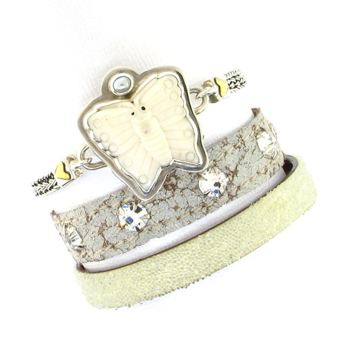 KBD Stacker Cuff White Leather and Crystal Rhinestones
