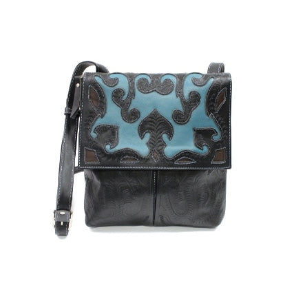 Leaders in Leather Black-Turqoise Scroll Crossbody with Flap