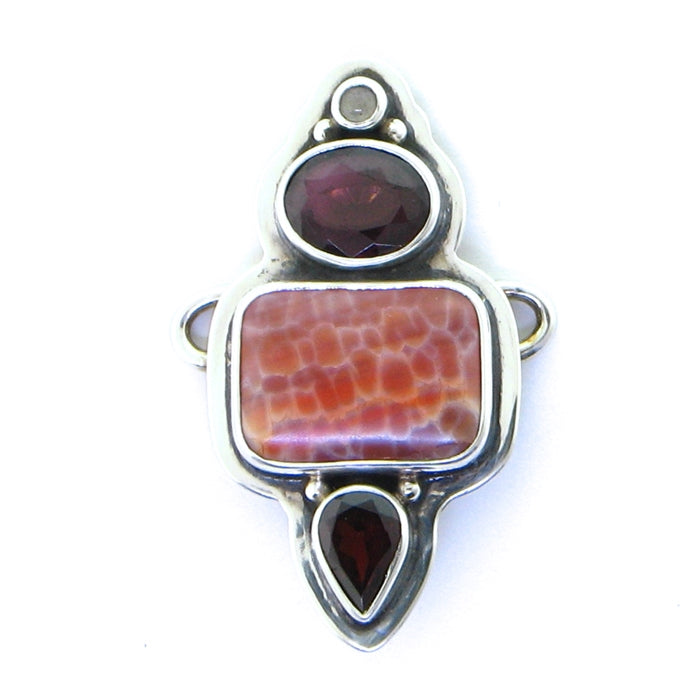 Tabra Fire Agate, Faceted Garnets and Moonstone Charm