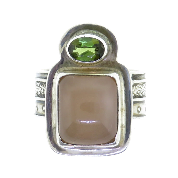 Tabra Peach Moonstone Green Tourmaline Ring