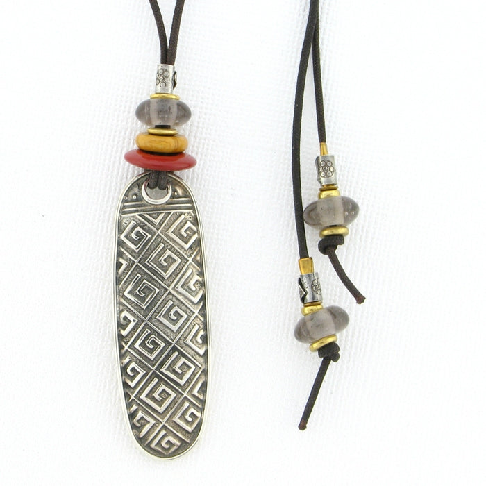 Tabra Amulet Cord Necklace-Greek Key Emboss, Jasper & Smokey Quartz