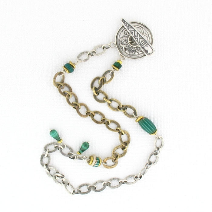 CNK31 Tabra Necklace Chain Silver & Bronze Malachite, Bone, 17"