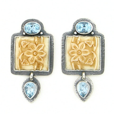 Tabra Bone Floral Earrings with Blue Topaz