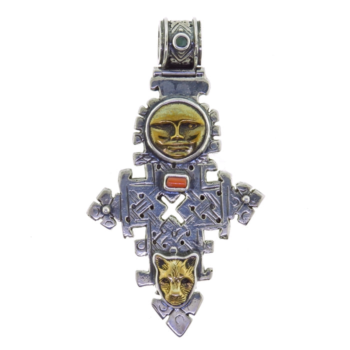 Tabra Bronze Sun God Jaguar Ethiopoian Cross Pendant