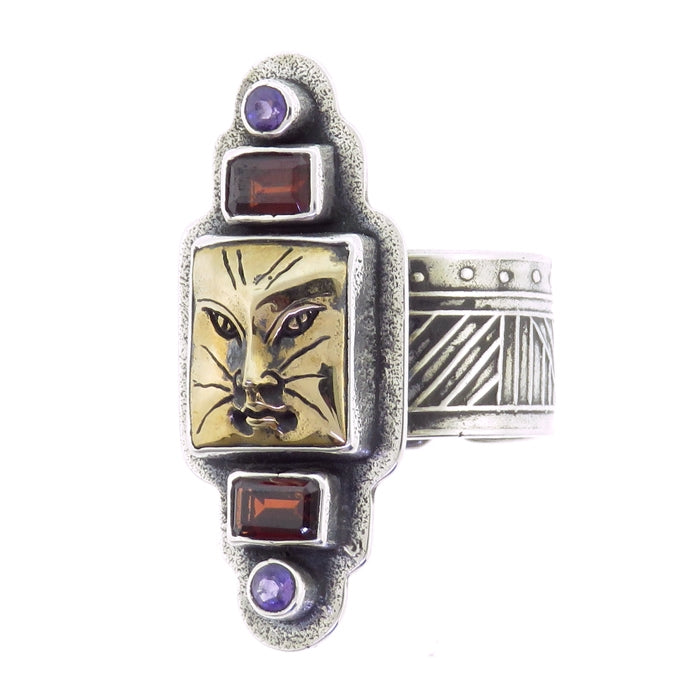 Tabra Bronze Cat Ring with Garnets and Amethysts