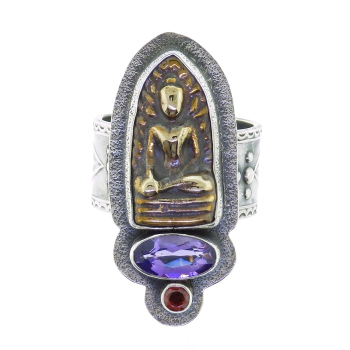 Tabra Bronze Buddha, Amethyst & Garnet Ring
