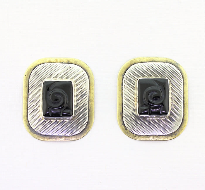 Tabra Silver and Bronze Onyx Vintage Earrings