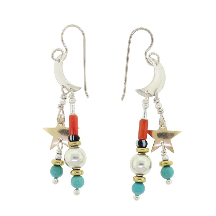 Tabra Star Moon Silver Gold Coral Turquoise Earrings